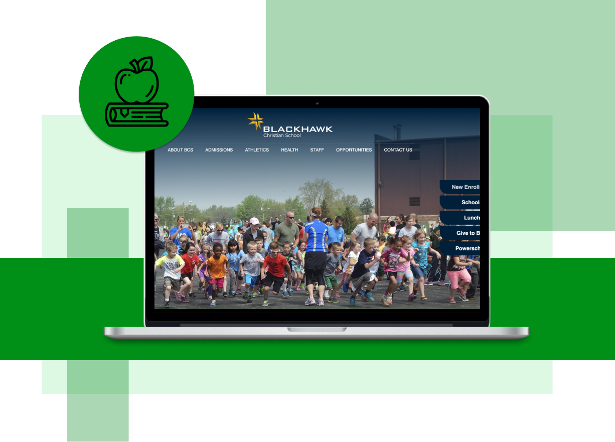 Blackhawk Christian's Private School Website on a Laptop with Green Background