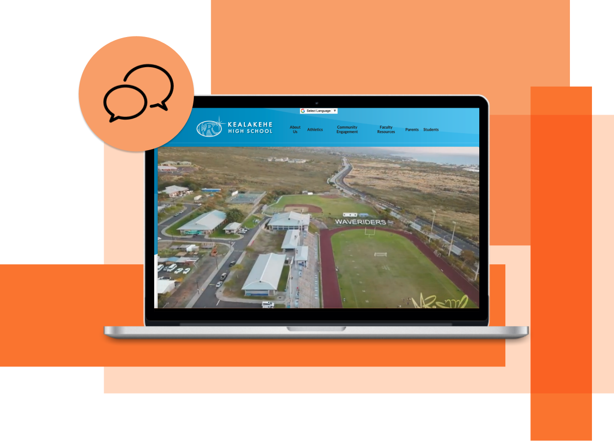 Kealakehe High School website on laptop with orange background