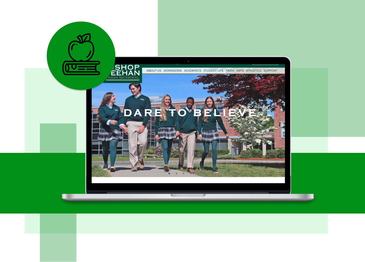 Bishop Feehan website on laptop with green background